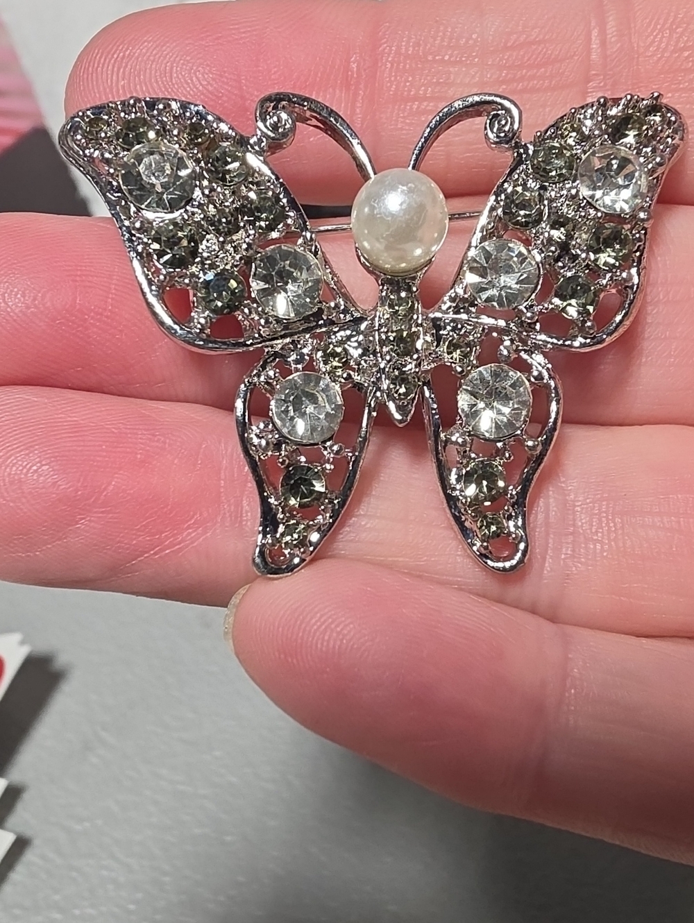 A90- Silver Butterfly Crystal Brooch with Pearl Accent